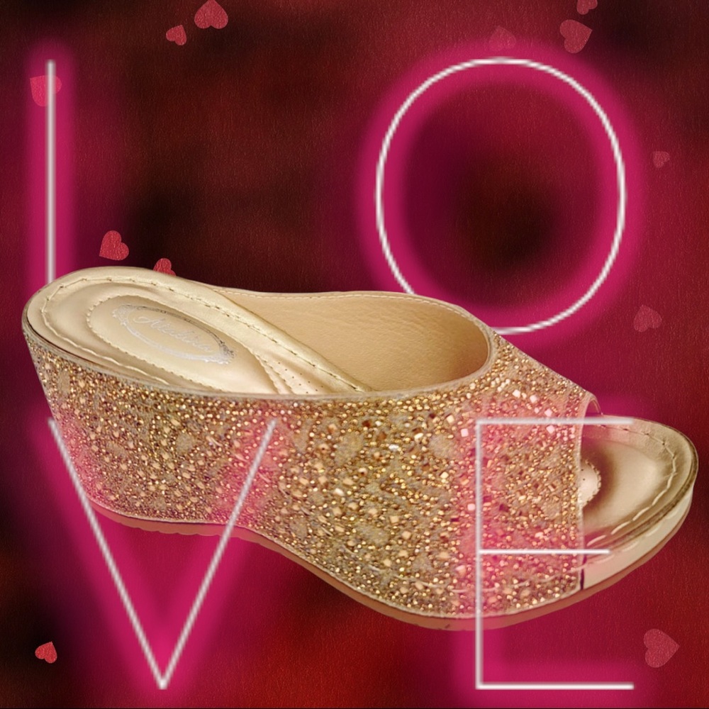 Selling Fast! Italina Gold Rhinestone Embellished Wedding Shoe or Dressy Wedge - Picture 7 of 11